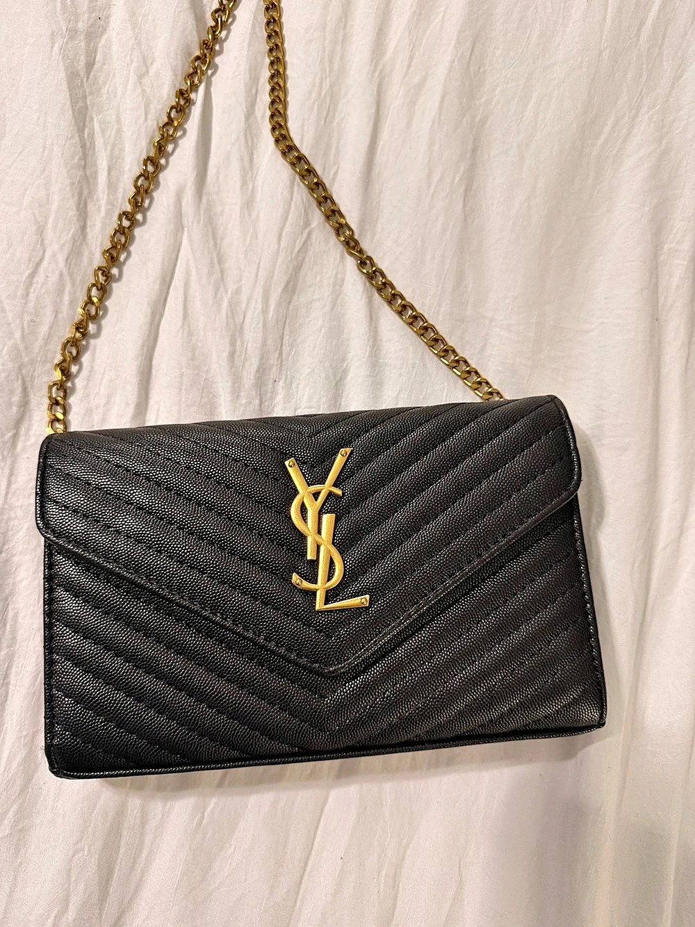 Saint Laurent Grain de Poudre Matelassé Chevron Monogram Envelope Chain Wallet